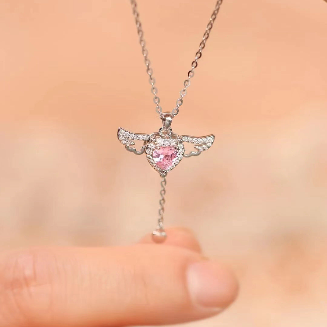 Movable Silver Plated Pink Crystal Zircon Diamond Love Heart Angel Wings Pendant Necklace