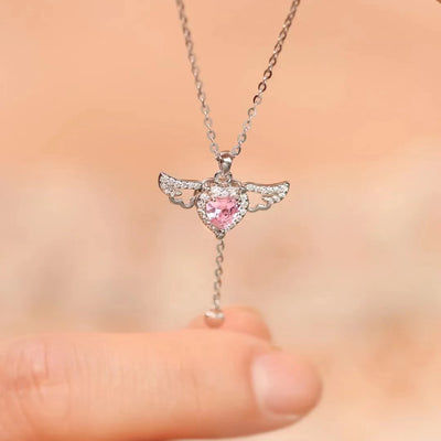 Movable Silver Plated Pink Crystal Zircon Diamond Love Heart Angel Wings Pendant Necklace