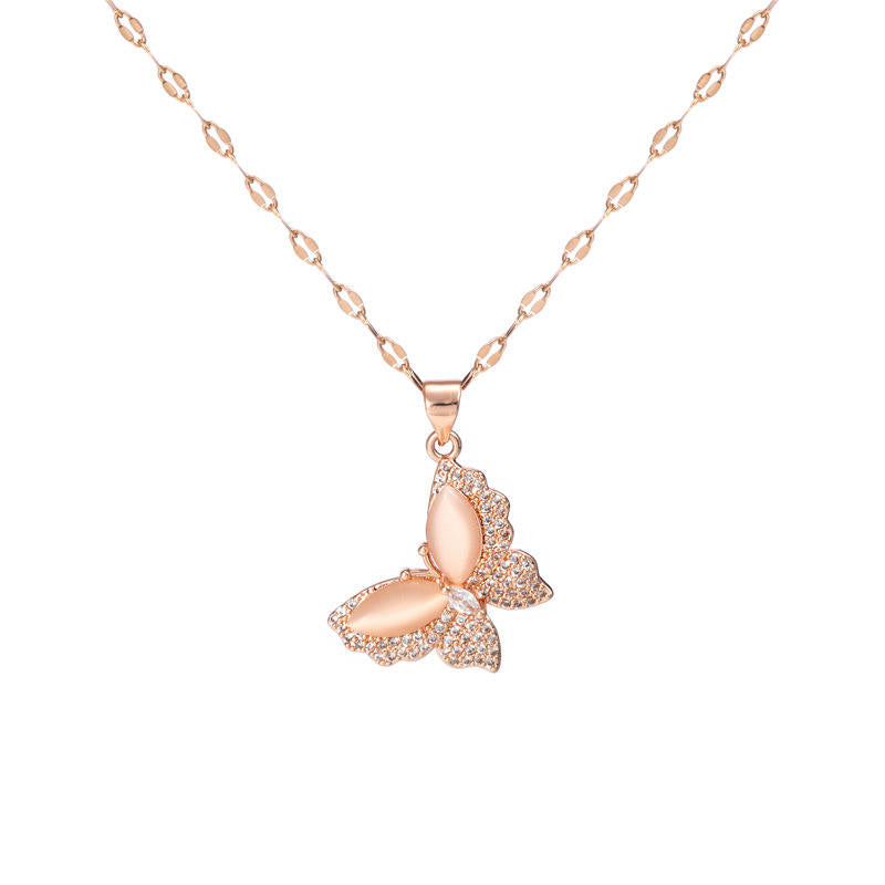Non Tarnish Zircon Diamond Opal Butterfly necklace pendant