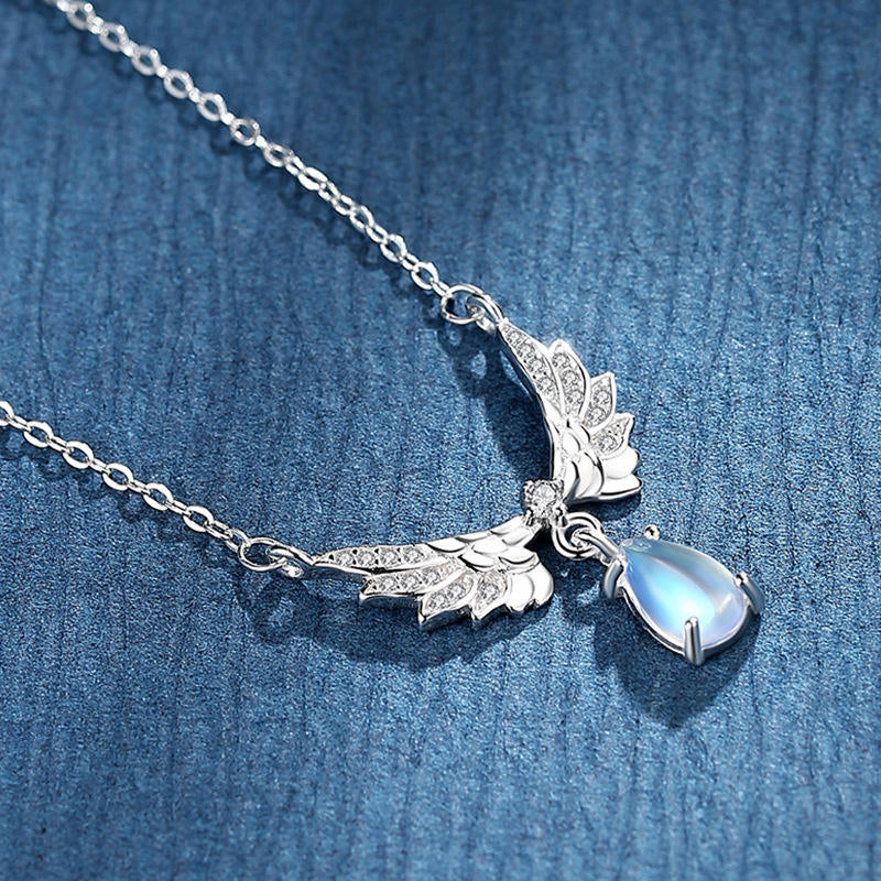925 Silver Angel Wings Guardian Real Moonstone Necklace