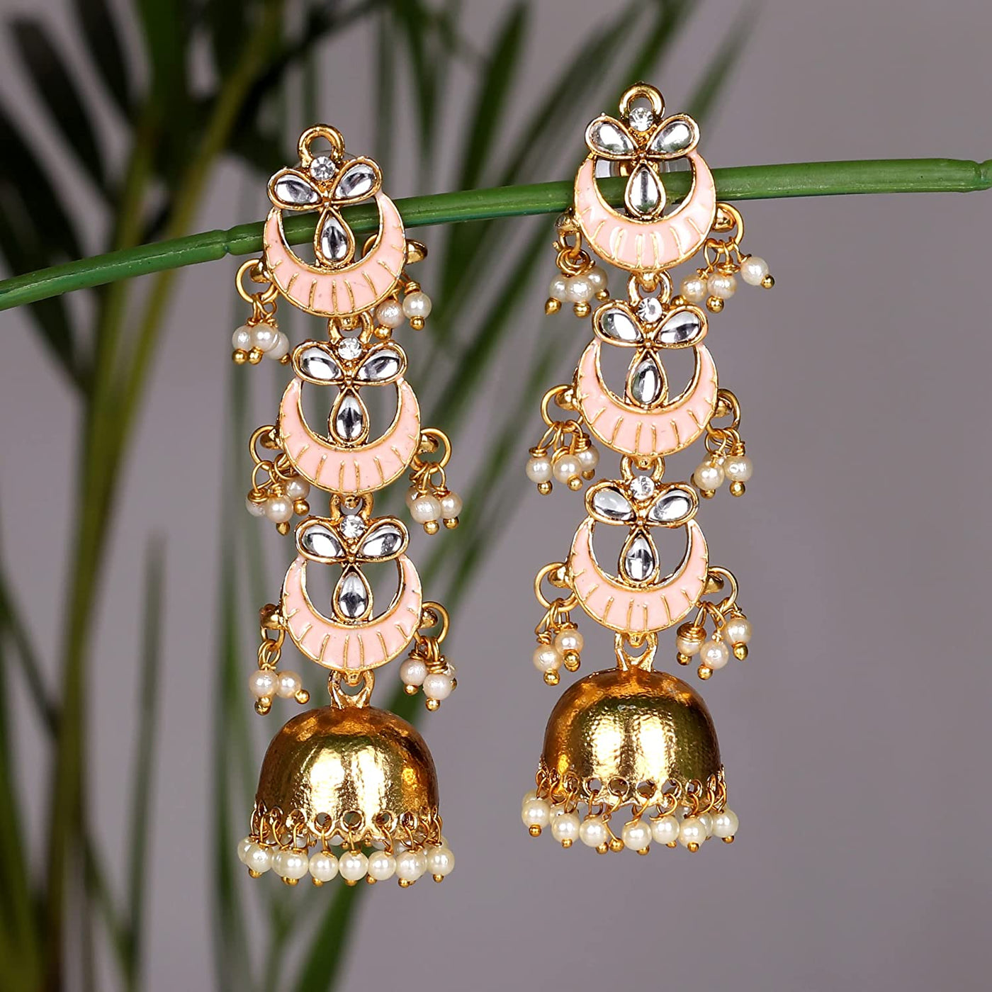 Pink & Gold Plated Long Enamelled Kundan Pearls Jhumki Earring