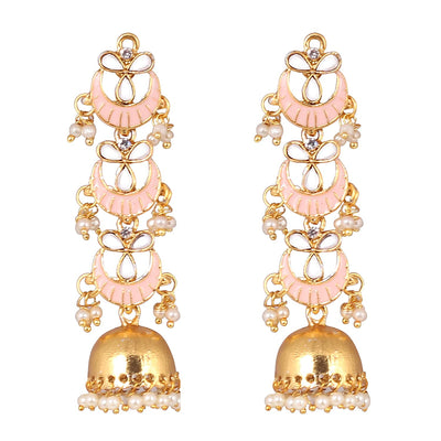 Pink & Gold Plated Long Enamelled Kundan Pearls Jhumki Earring