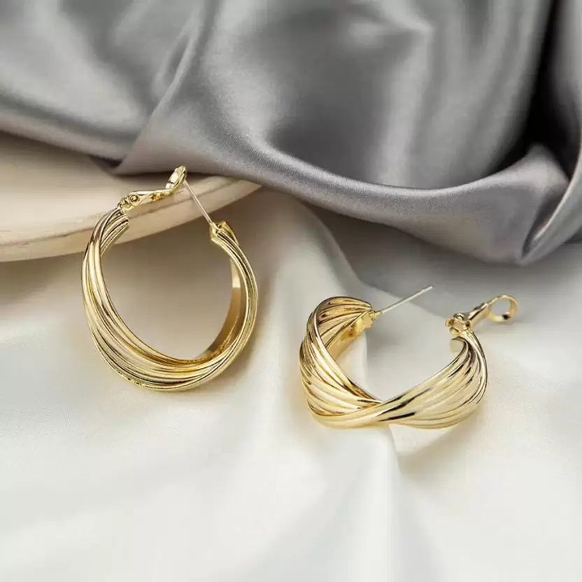 Gold Plated Winding Twist Chunky Hoop Earrings