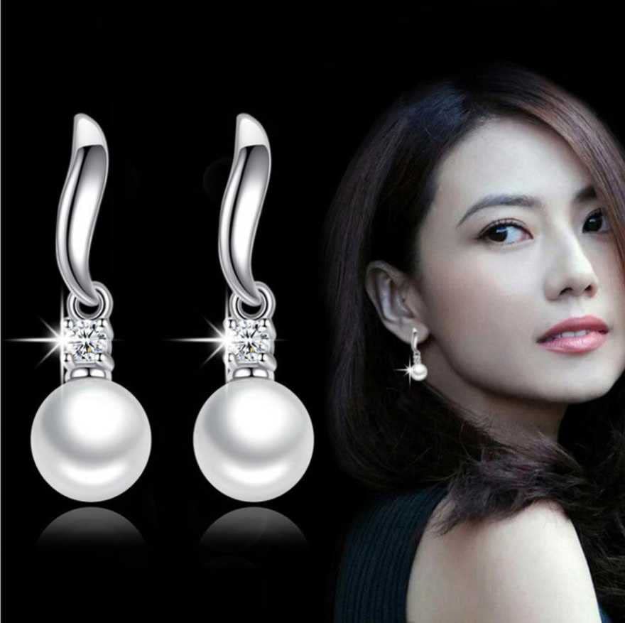 S925 Silver Plated Long Tassel Artificial Pearl Pendant Zircon Earrings