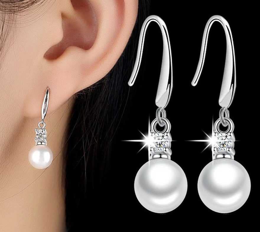 S925 Silver Plated Long Tassel Artificial Pearl Pendant Zircon Earrings