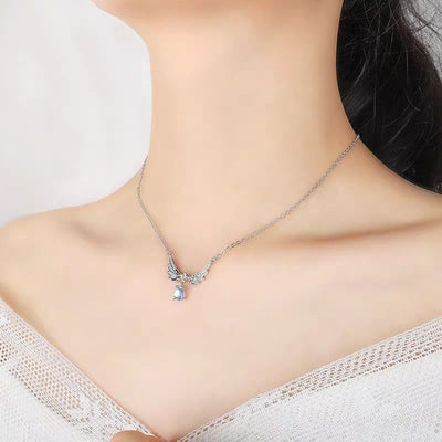 925 Silver Angel Wings Guardian Real Moonstone Necklace