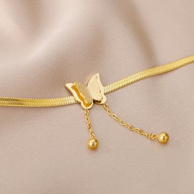 18K Gold Plated Butterfly Charm Herringbone Chain Choker Necklace