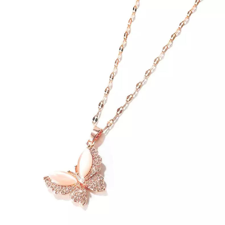 Non Tarnish Zircon Diamond Opal Butterfly necklace pendant