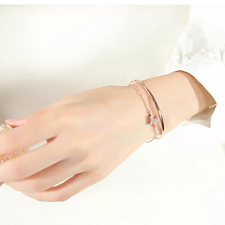 Open Size Bracelet Micro-inlaid Zircon Rose Gold Plated  Butterfly Bangle