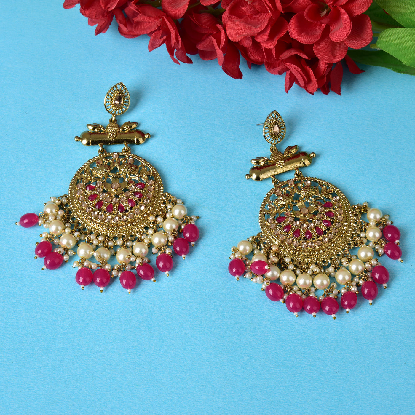 Pearl Gold Plated Brass Red Kundan Meenakari Chandbali Earring