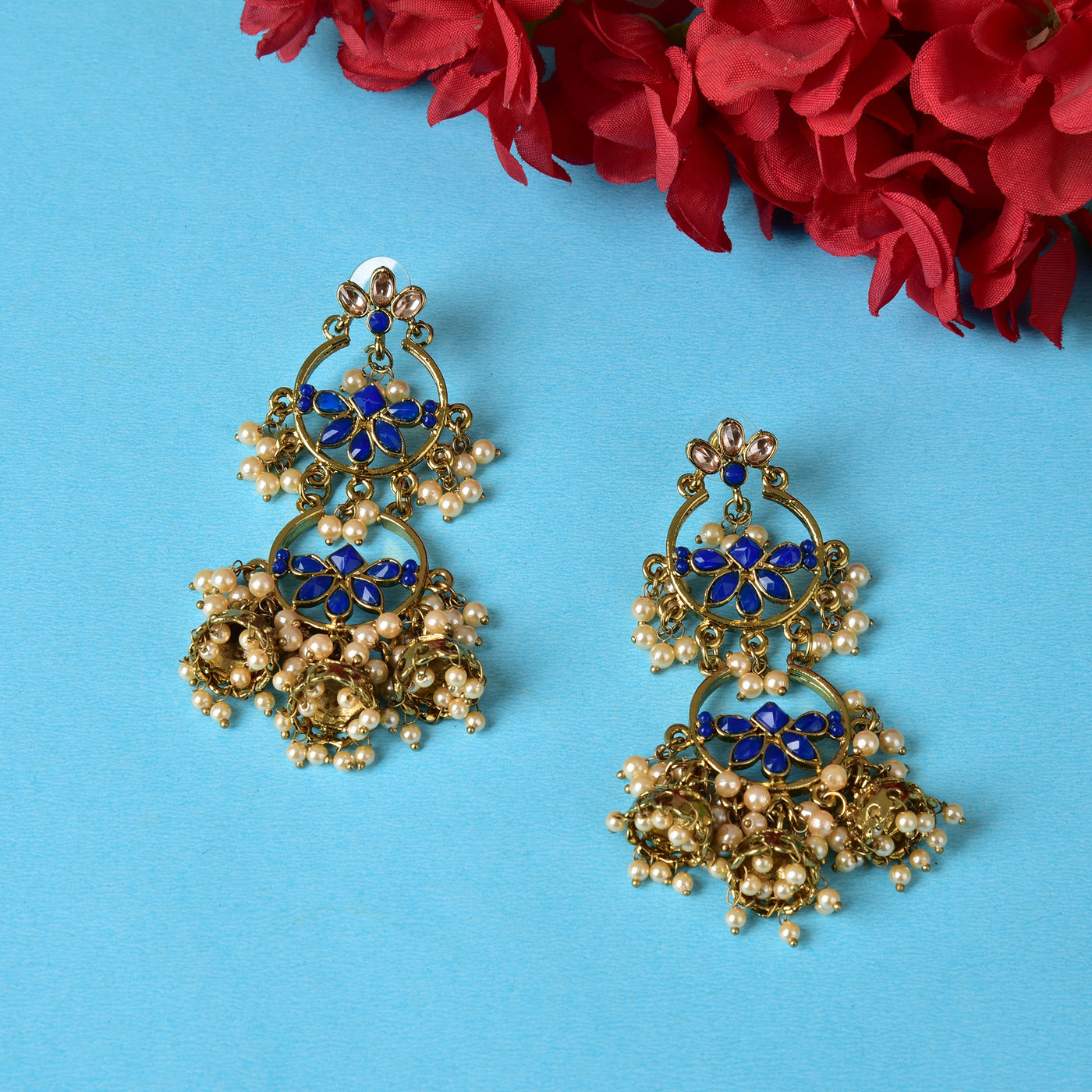 Stylish Traditional Pearl Gold Plated & Blue-Toned Kundan Classic Jhumkas