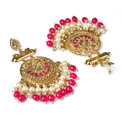 Pearl Gold Plated Brass Red Kundan Meenakari Chandbali Earring