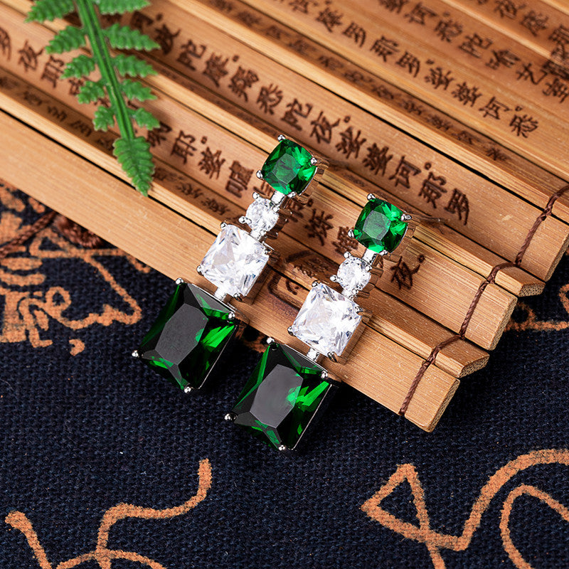 Gemstone Zircon Earrings Noble Green Rectangle Silver Dangle Earrings