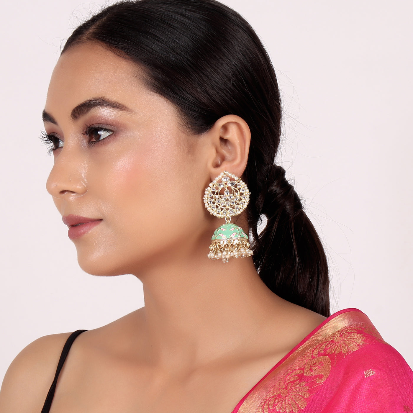 Pearl Gold Plated Kundan Meenakari Jhumka/Jhumki Earring