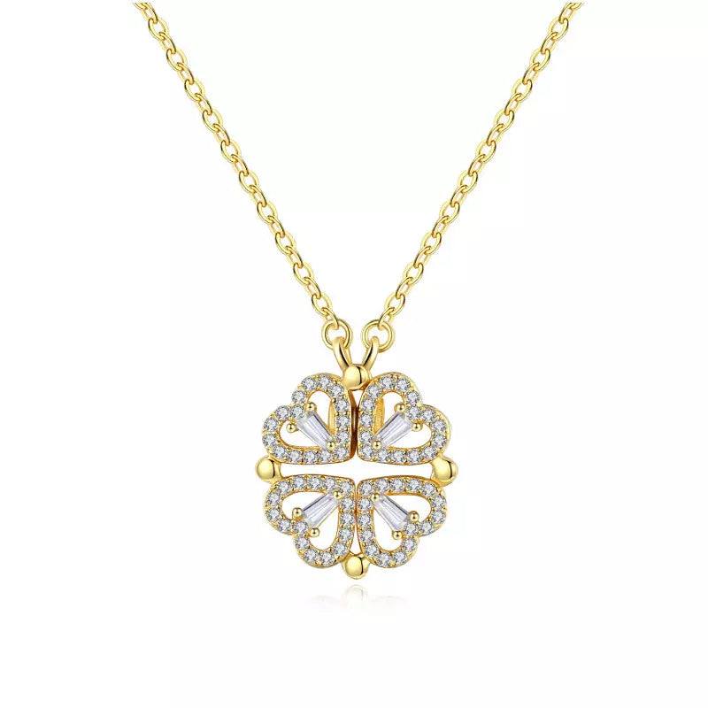Real 18K Gold Plated Magnetic 4 Four Heart Pendant Leaf Clover Necklace