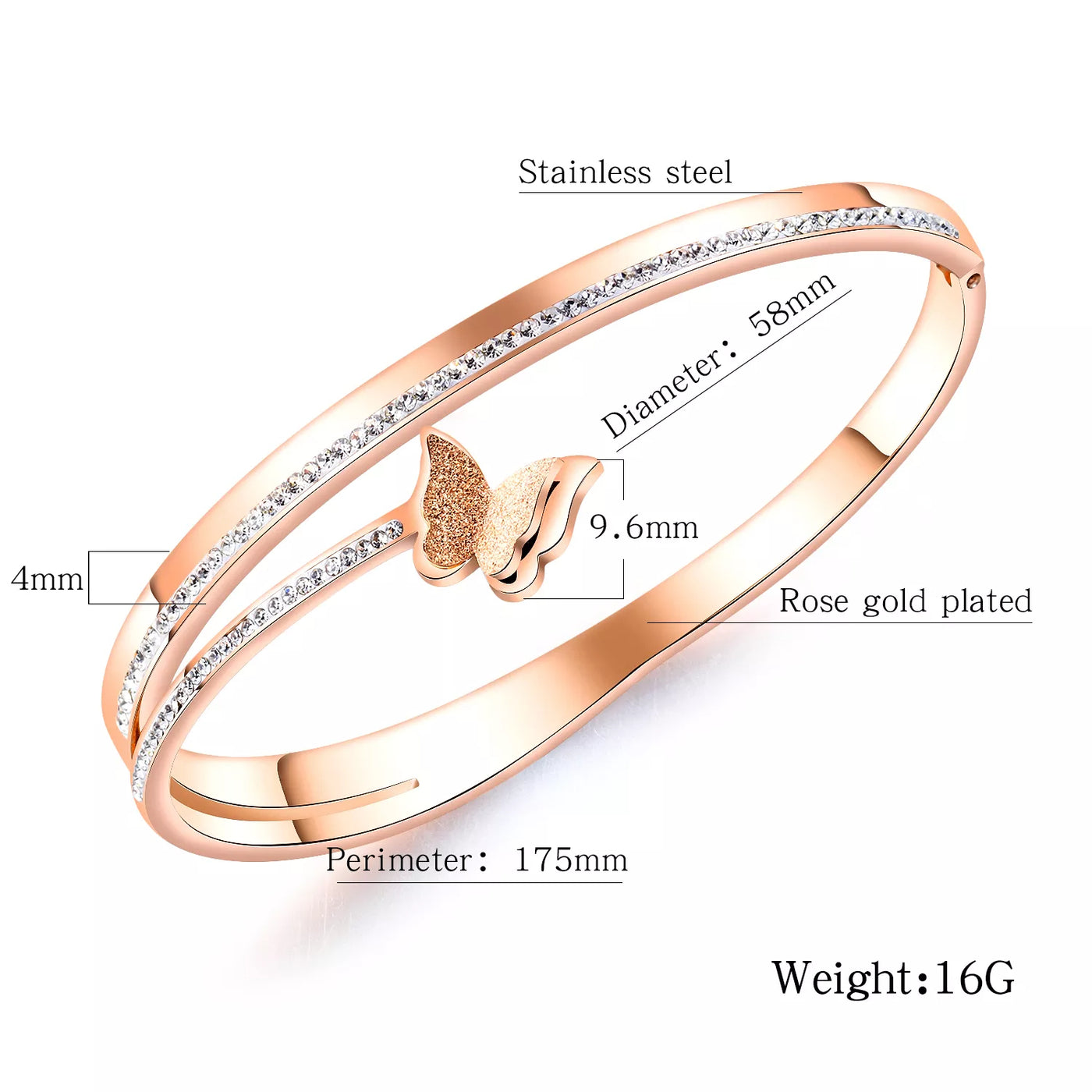 Butterfly Charm CZ 18k Gold Plated Stainless Steel Bangles