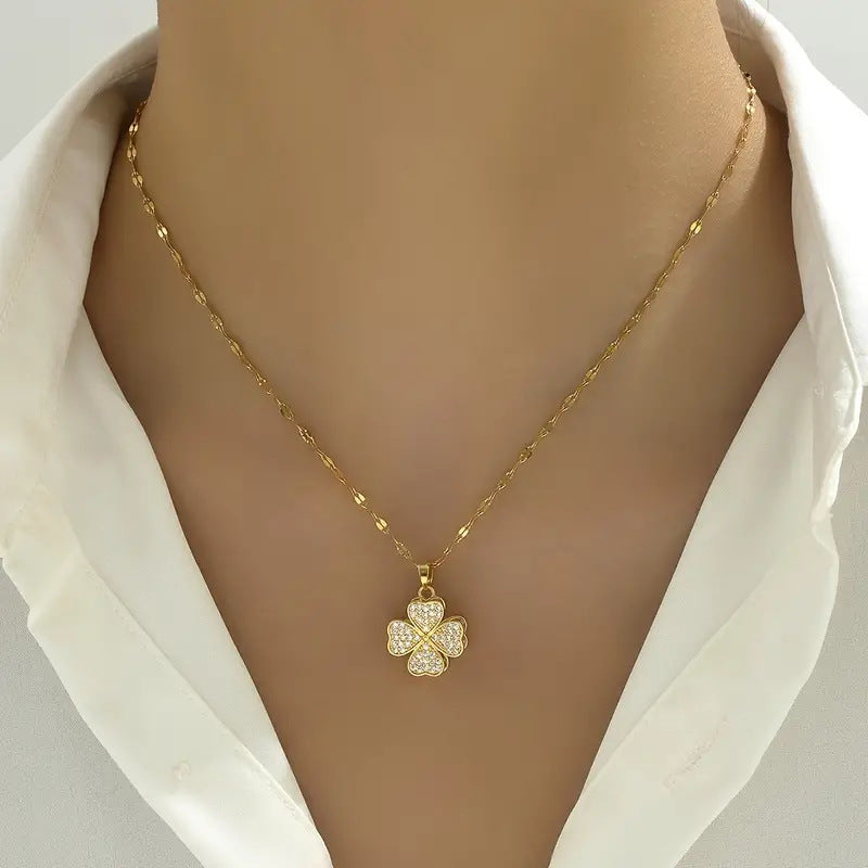 18K Gold Plated Rotating Pendant Spinning Four Heart Leaf Clover Necklace