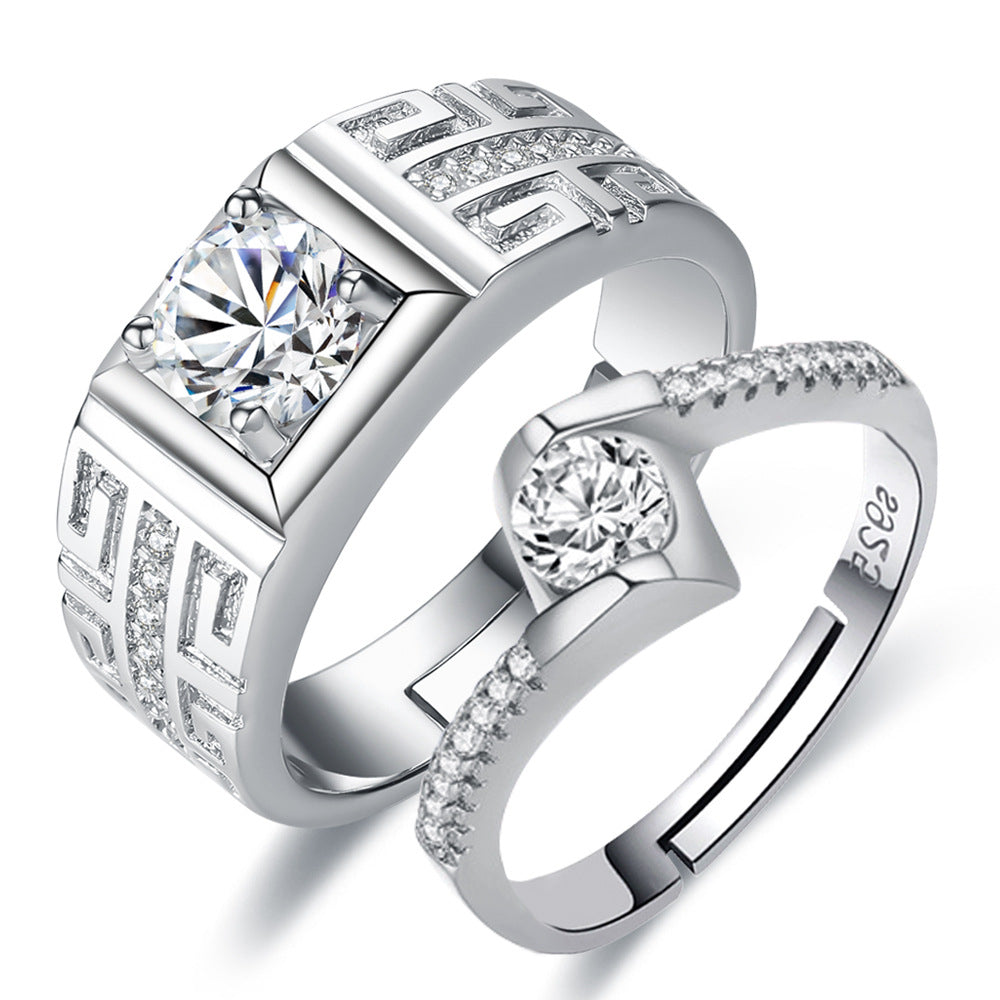 925  Silver Plated Copper Cubic Zircon Adjustable Couple Rings For Lovers