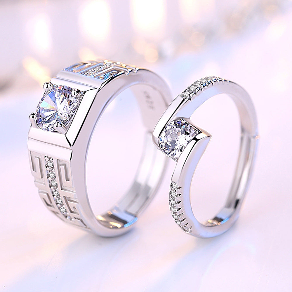 925  Silver Plated Copper Cubic Zircon Adjustable Couple Rings For Lovers