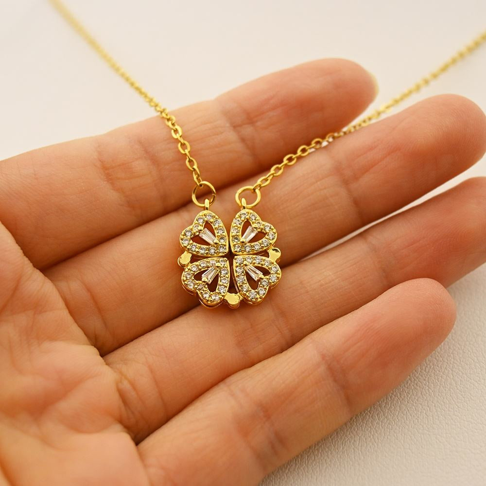 Real 18K Gold Plated Magnetic 4 Four Heart Pendant Leaf Clover Necklace