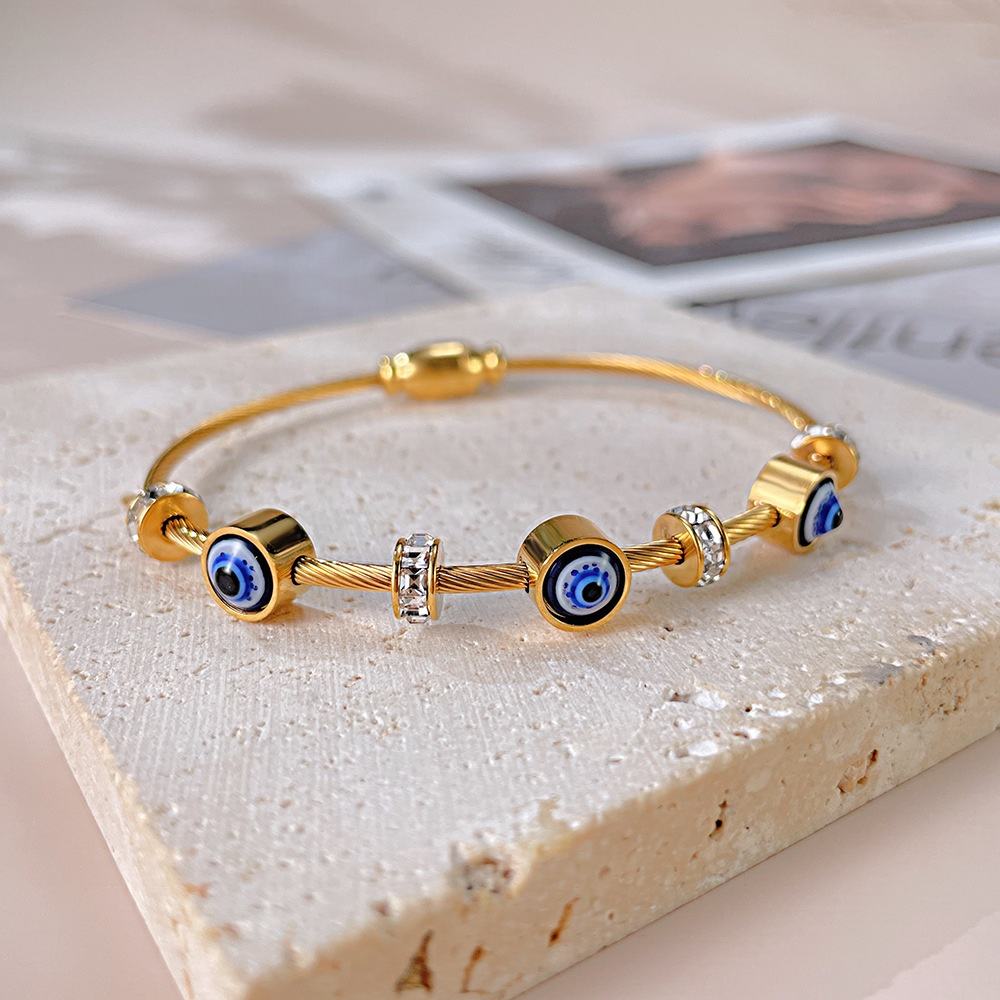 18K Gold Plated Evil Eyes Zircon Bangle Stainless Steel Cable Bracelet