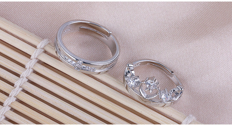 925 Real Silver Plated Brass Zircon Crown Shape Lovers Couple Rings Jewelry