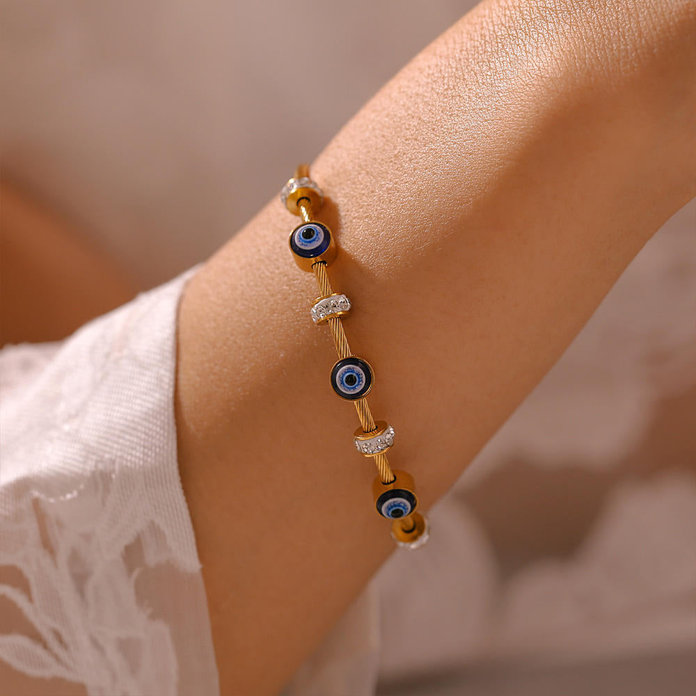 18K Gold Plated Evil Eyes Zircon Bangle Stainless Steel Cable Bracelet