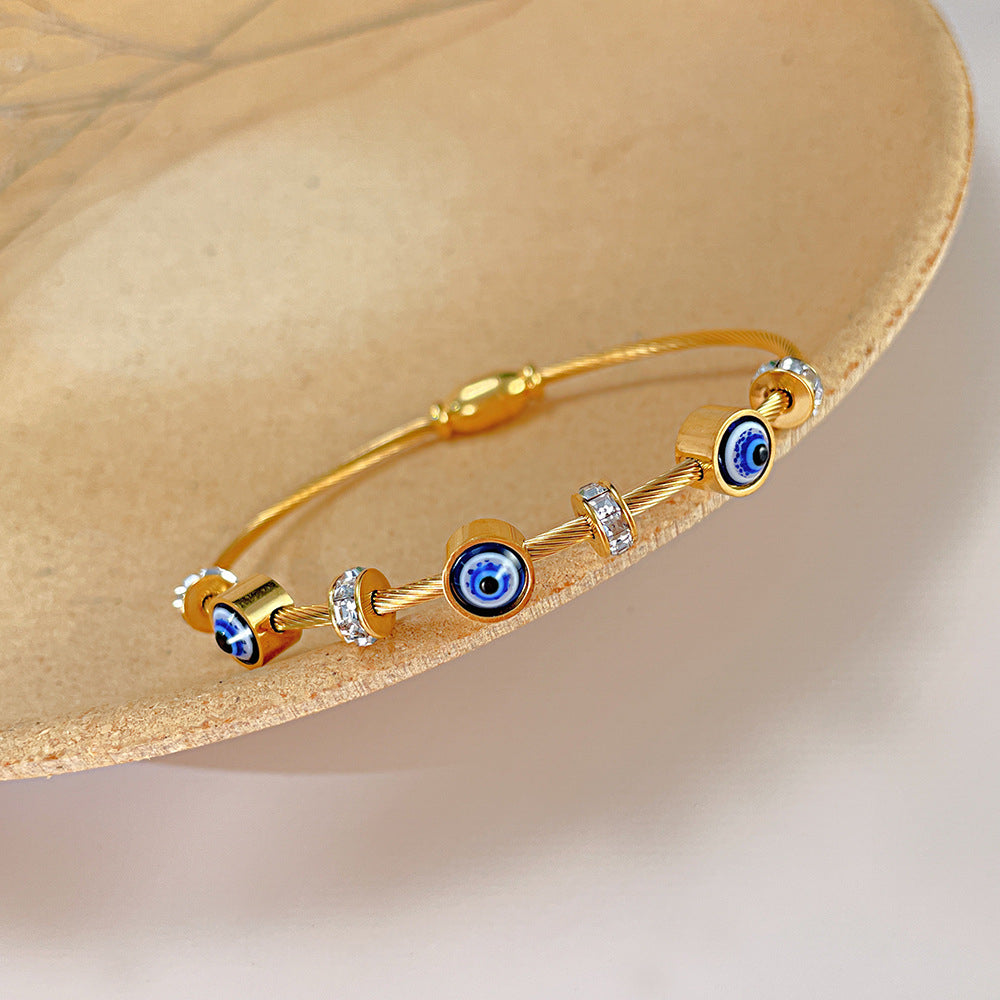 18K Gold Plated Evil Eyes Zircon Bangle Stainless Steel Cable Bracelet