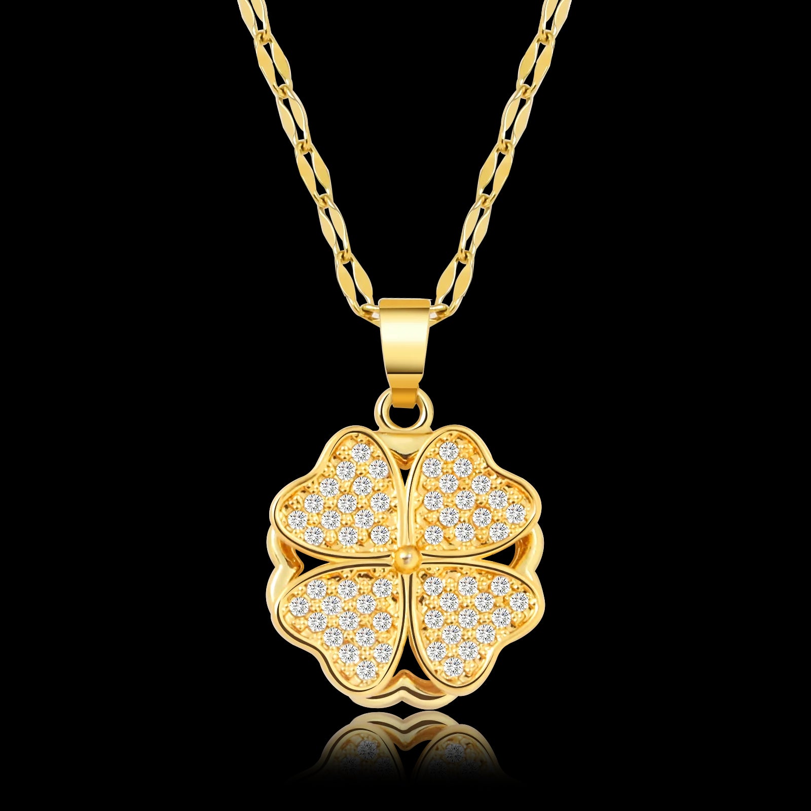 18K Gold Plated Rotating Pendant Spinning Four Heart Leaf Clover Necklace