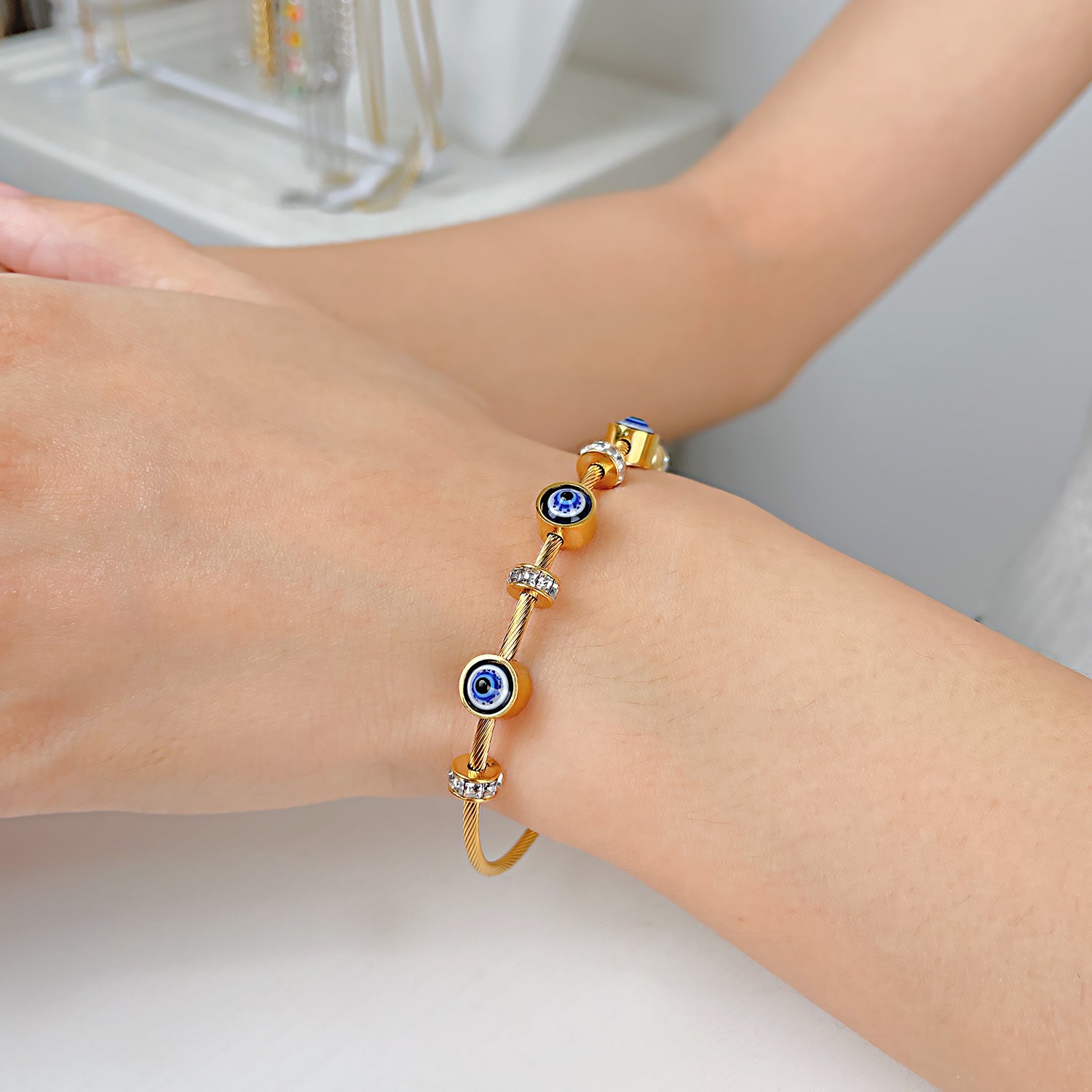 18K Gold Plated Evil Eyes Zircon Bangle Stainless Steel Cable Bracelet