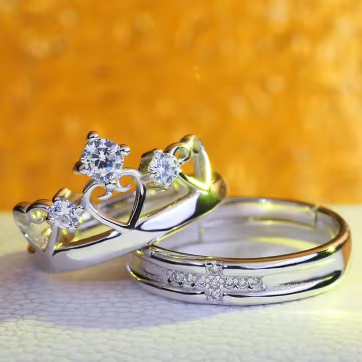 925 Real Silver Plated Brass Zircon Crown Shape Lovers Couple Rings Jewelry