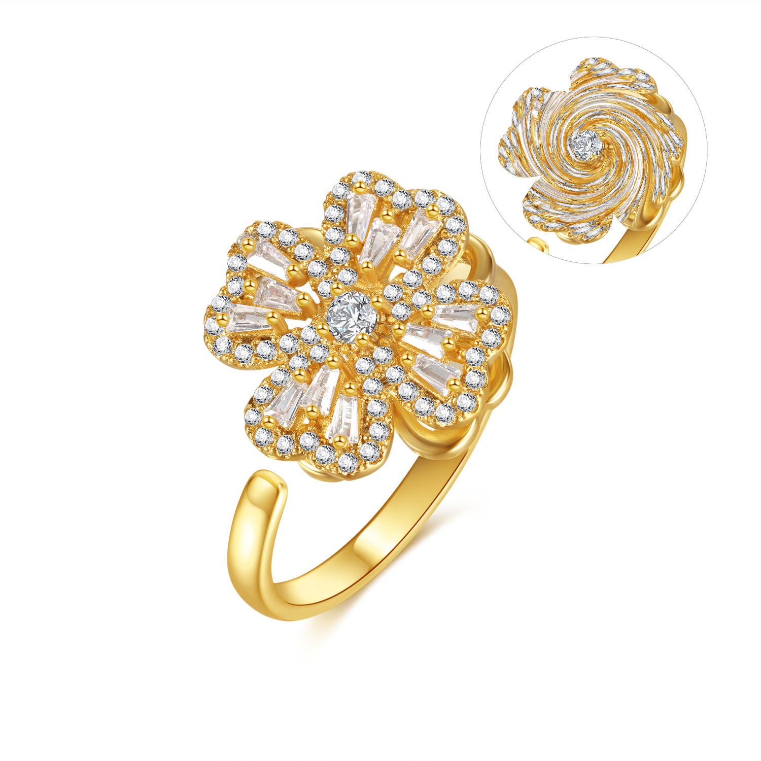 Rotate Flower Rings Open Size 18K Gold Plated Rhinestones Fashion Rings (Adjustable)