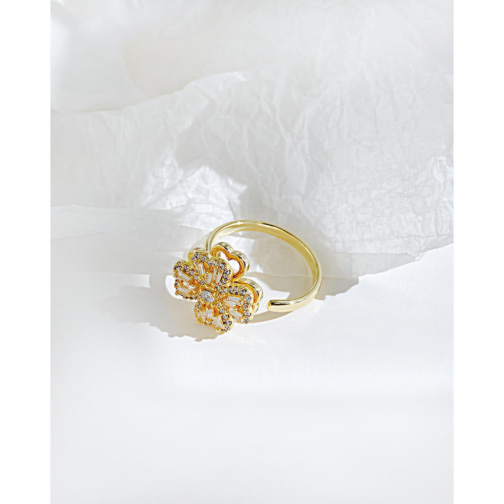 Rotate Flower Rings Open Size 18K Gold Plated Rhinestones Fashion Rings (Adjustable)