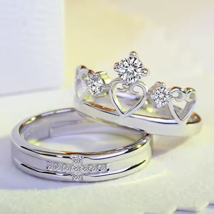 925 Real Silver Plated Brass Zircon Crown Shape Lovers Couple Rings Jewelry