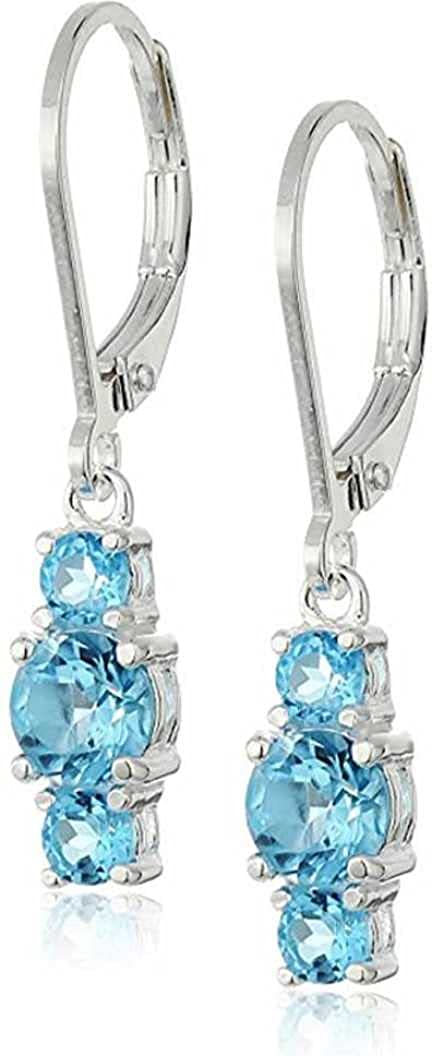 Silver Genuine and Created Gemstone Three Stone Leverback Dangle Earrings Cubic Zirconia Brass Drops & Danglers, Sky Blue