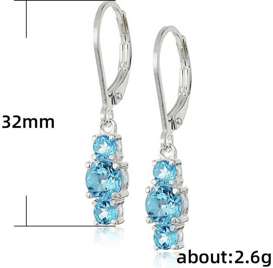 Silver Genuine and Created Gemstone Three Stone Leverback Dangle Earrings Cubic Zirconia Brass Drops & Danglers, Sky Blue