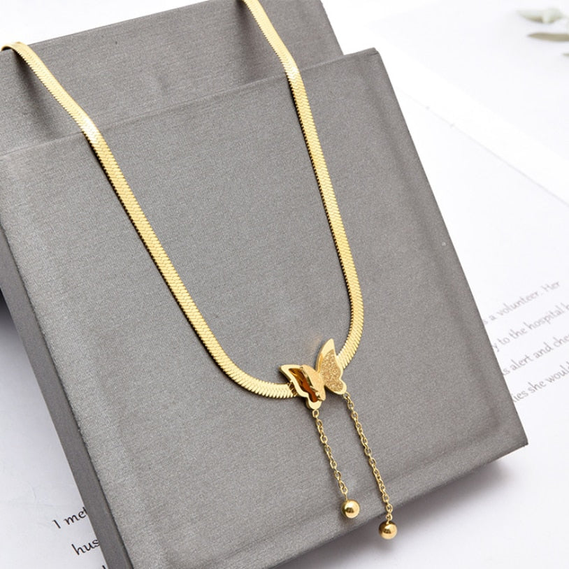 18K Gold Plated Butterfly Charm Herringbone Chain Choker Necklace ...