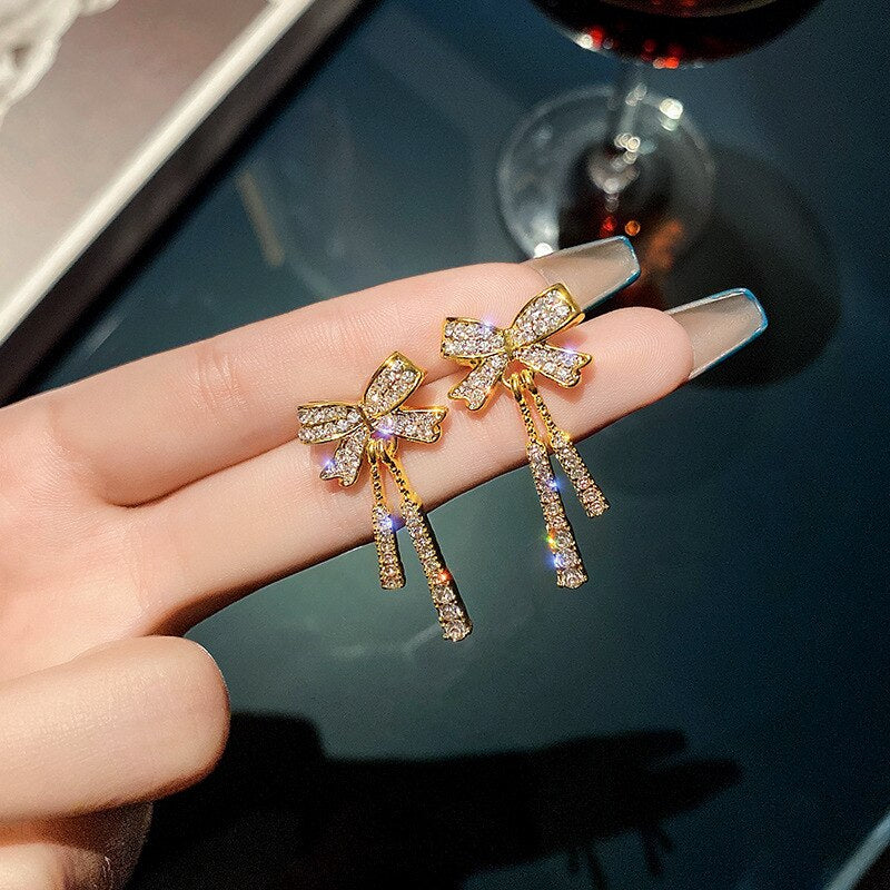 Crystal Drop Earrings with Bling Bling Cubic Zirconia Temperament Women Cute Bowknot Korean Earrings