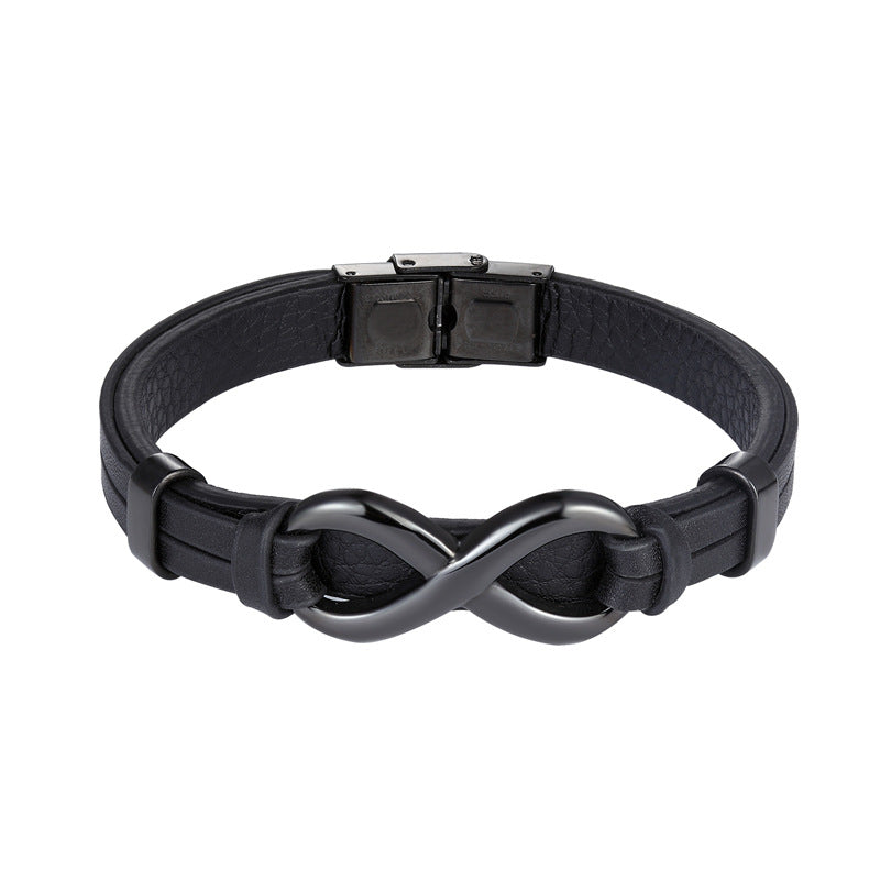 Black Infinity Charm Bangle with Metal Button Leather Bracelet for Men magnetic clasp bracelet