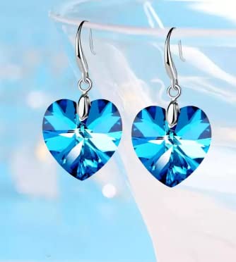 Long Ocean Heart Blue Crystal Temperament Silver Plated Earrings