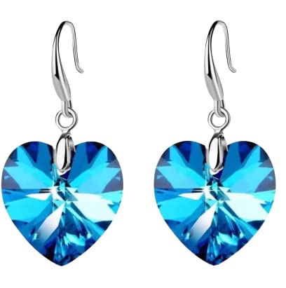 Long Ocean Heart Blue Crystal Temperament Silver Plated Earrings