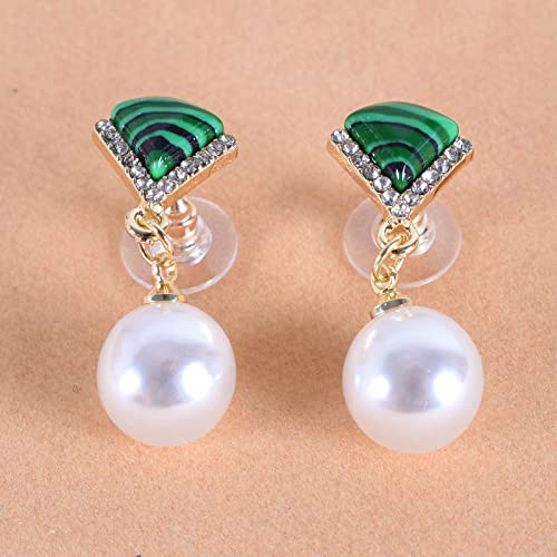 Silver Needle Micro-Inlaid Malachite Fan-Shaped Pearl Retro Earrings