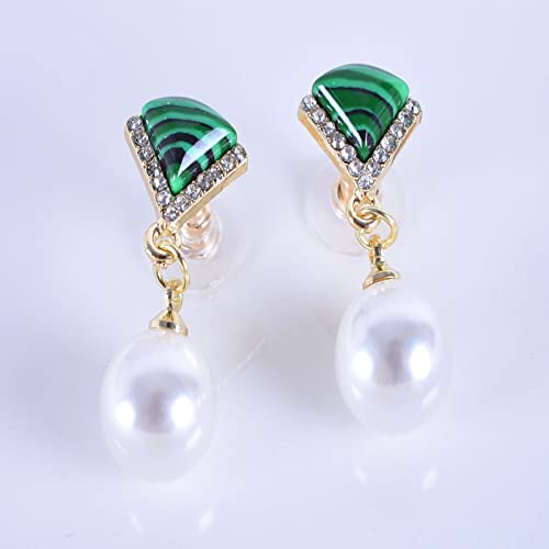 Silver Needle Micro-Inlaid Malachite Fan-Shaped Pearl Retro Earrings