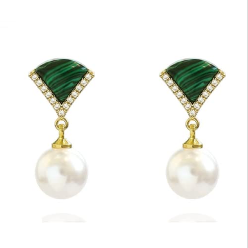 Silver Needle Micro-Inlaid Malachite Fan-Shaped Pearl Retro Earrings