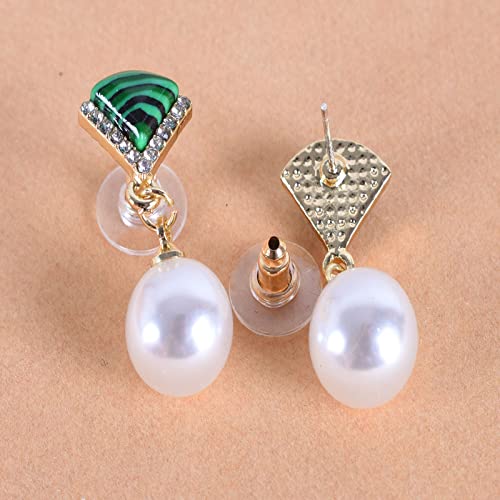 Silver Needle Micro-Inlaid Malachite Fan-Shaped Pearl Retro Earrings