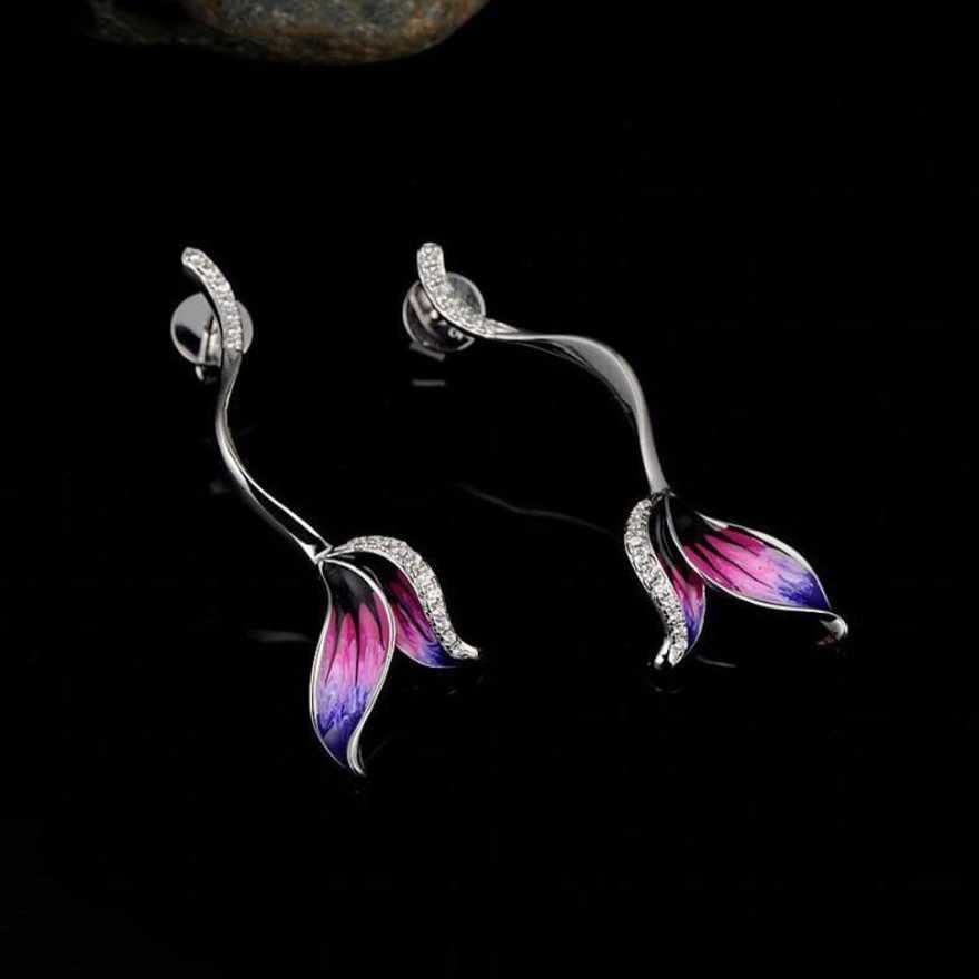 silver long beautiful flower shape earrings Alloy Stud Earring