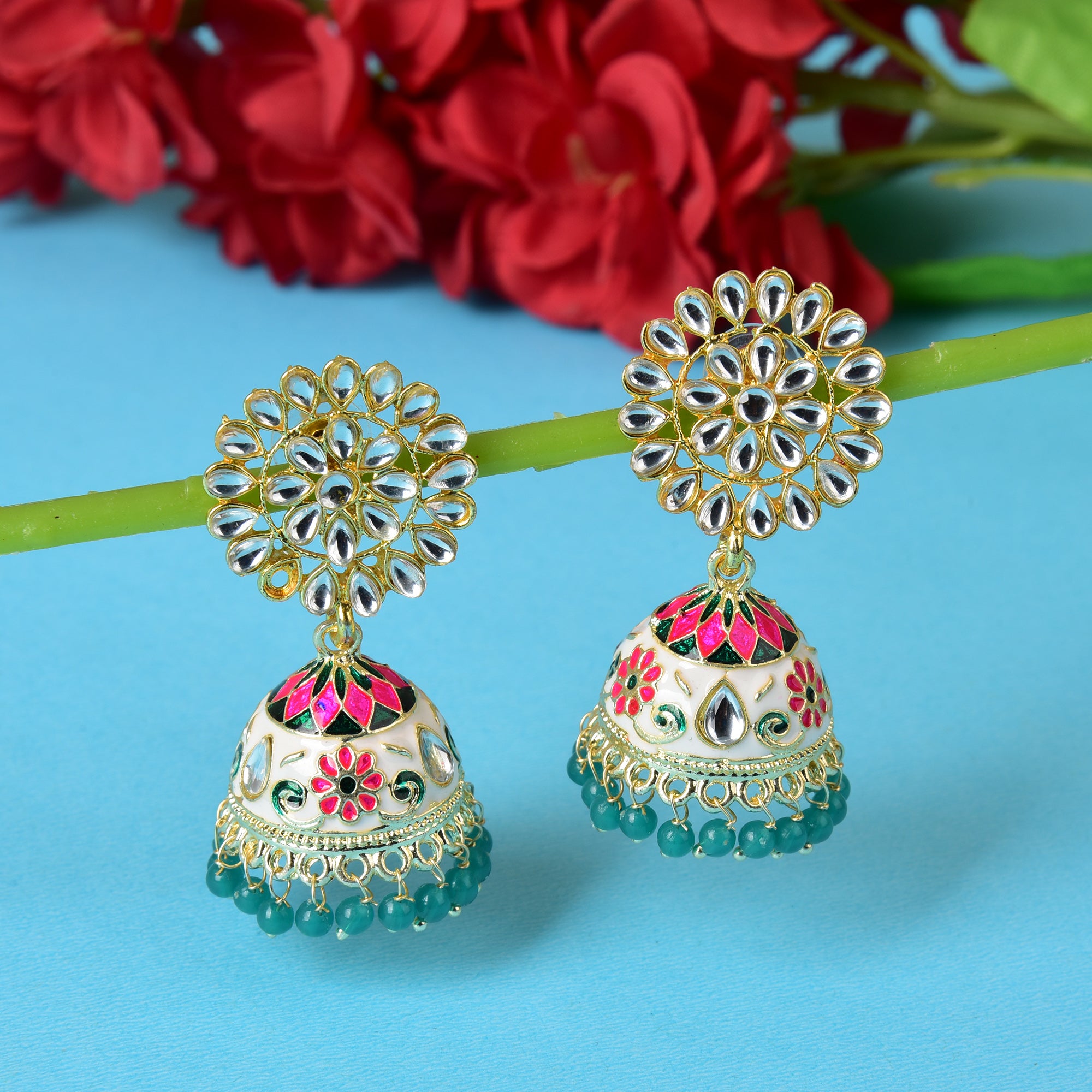 Kundan Meenakari Jhumki Earring for Girls, Light-weight