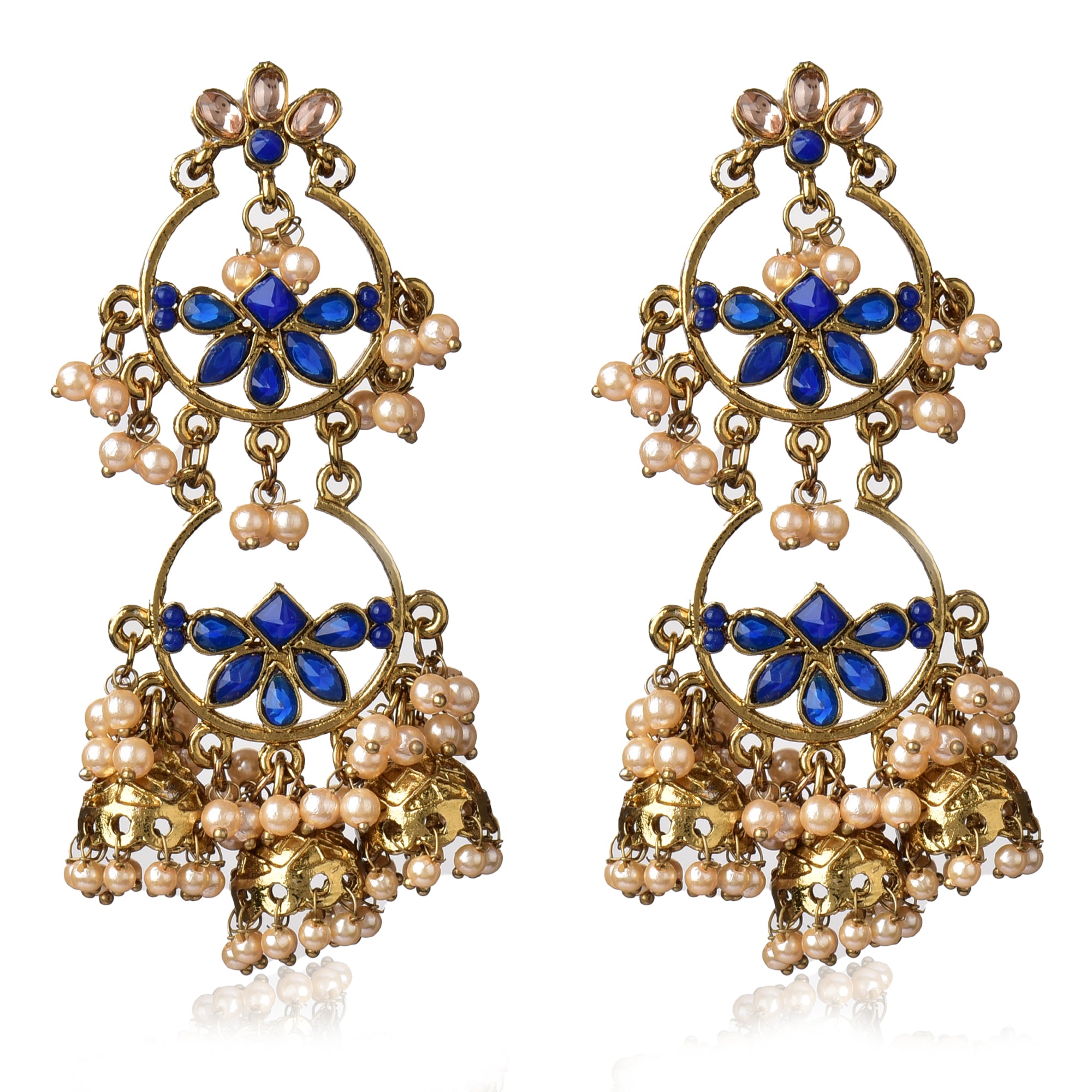 Stylish Traditional Pearl Gold Plated & Blue-Toned Kundan Classic Jhumkas