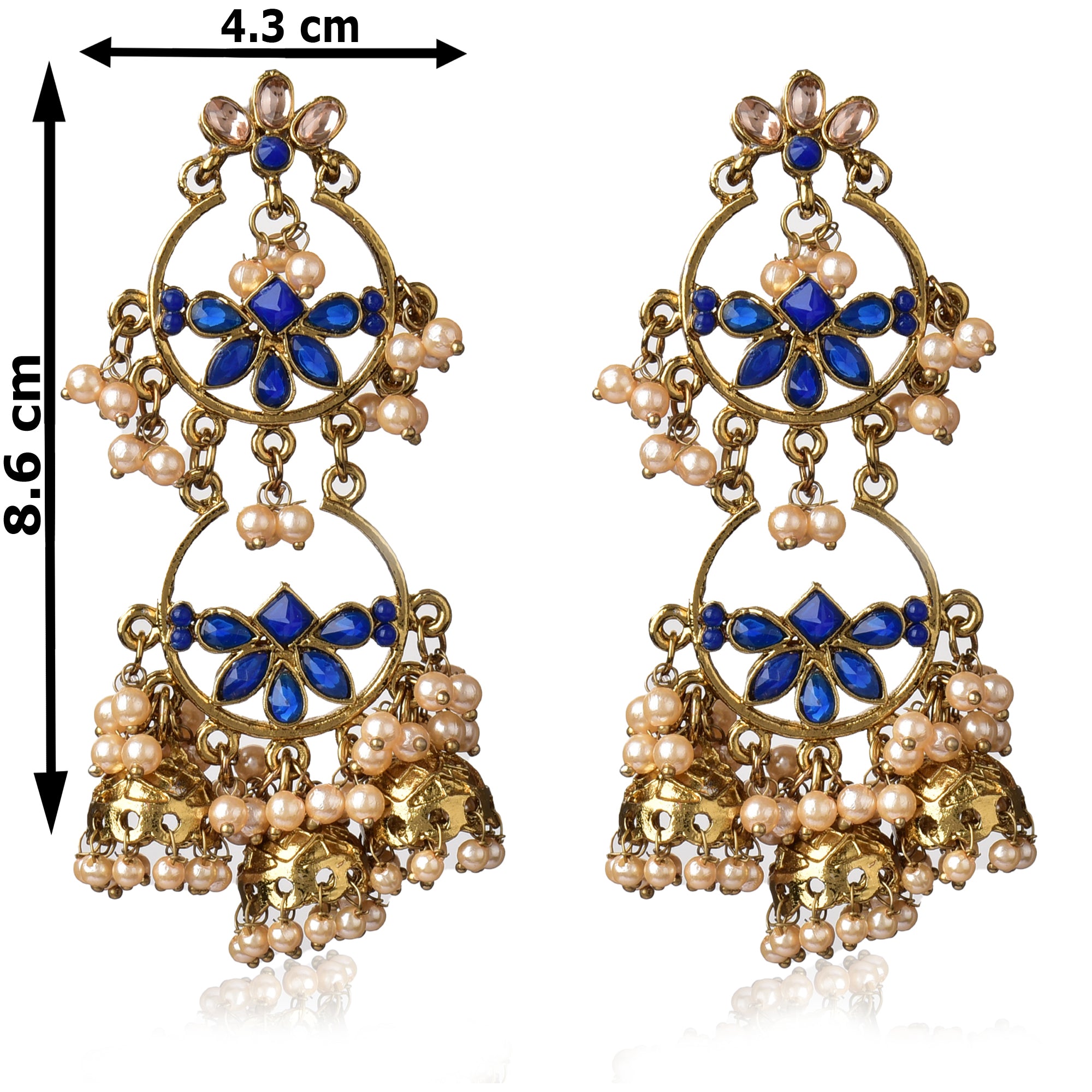 Stylish Traditional Pearl Gold Plated & Blue-Toned Kundan Classic Jhumkas