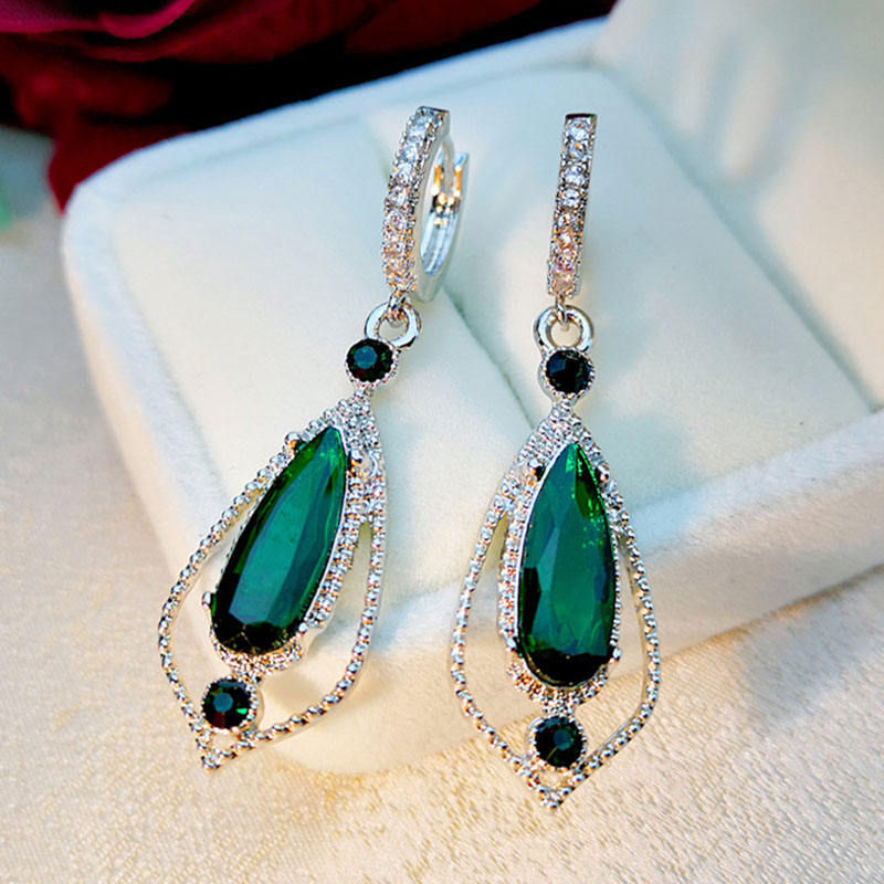 925 silver plated Big Geometric Green Emerald Drop Zircon hoop earring